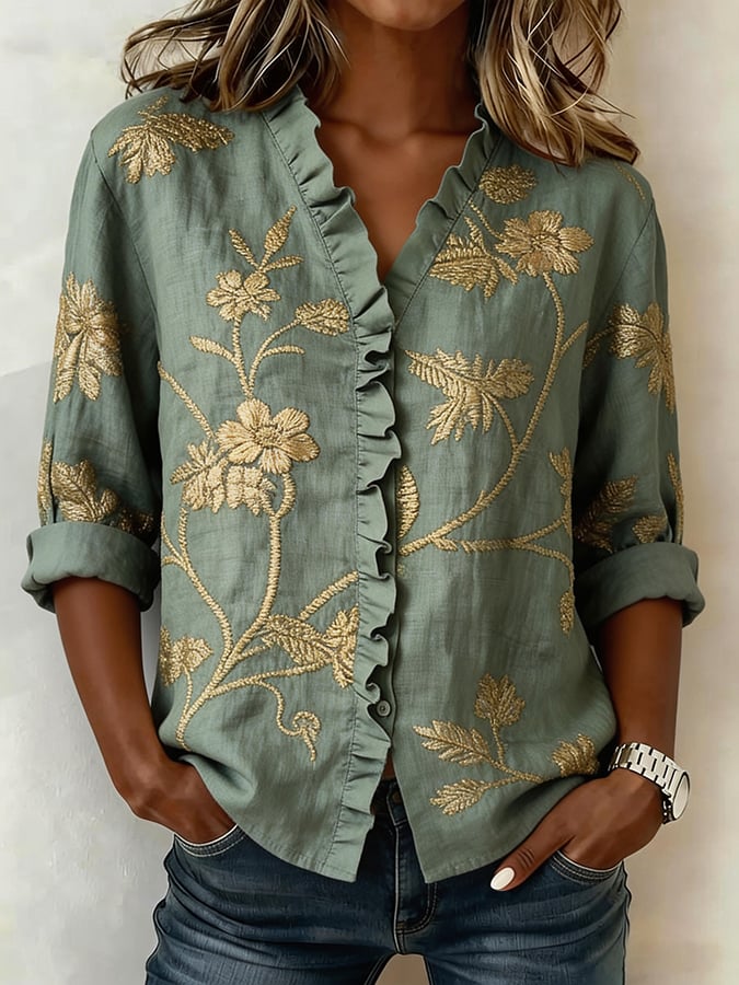 Women's Casual V-neck Ruffle Print Top- Fast Shipping