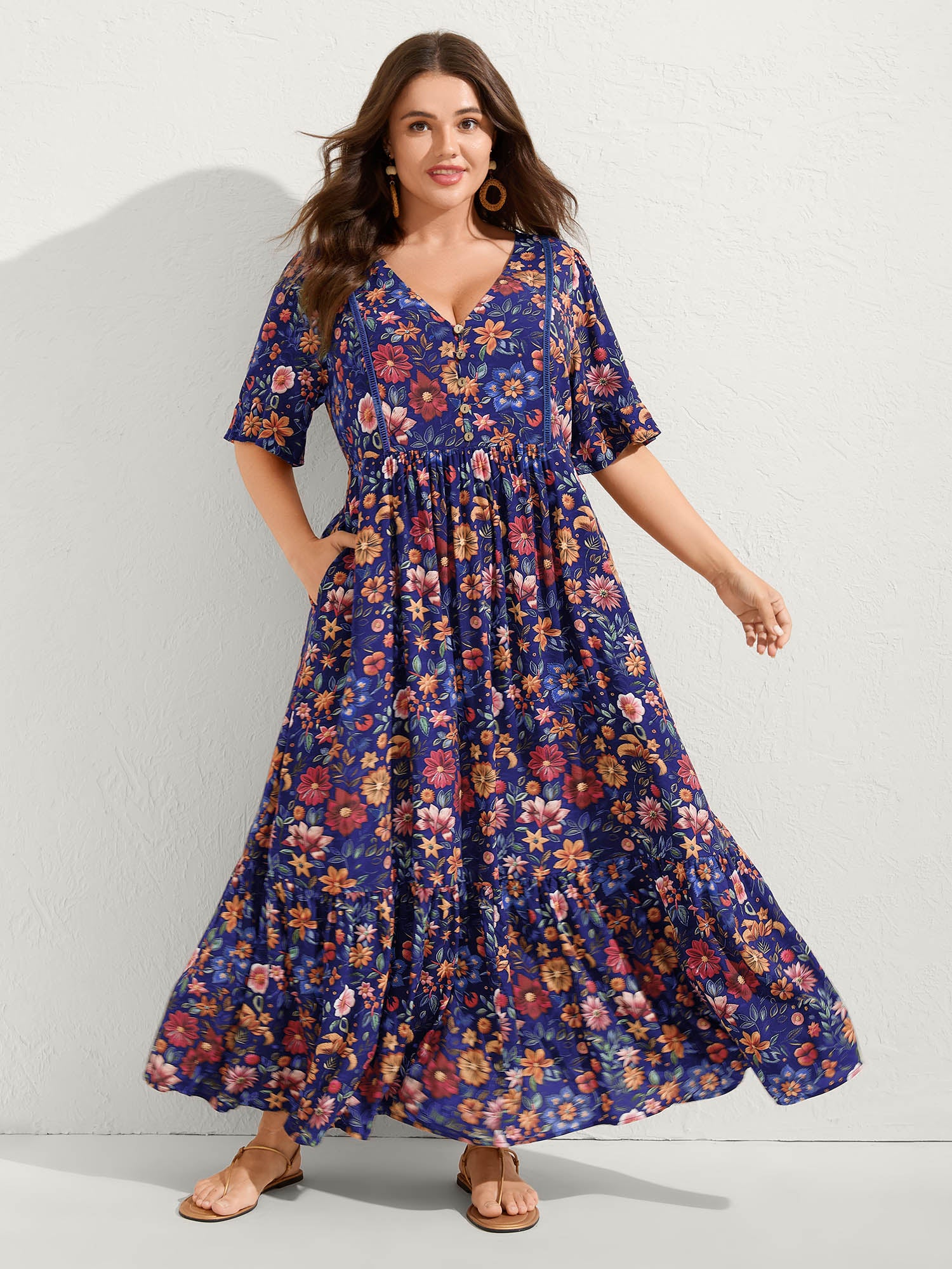Rayon Floral Lace Trim Button Maxi Dress