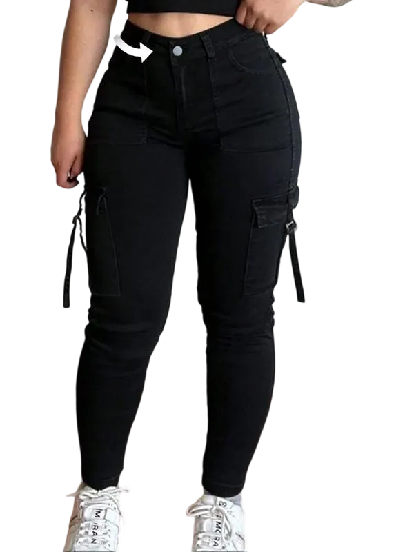 Women's solid color multi-pocket denim cargo pants