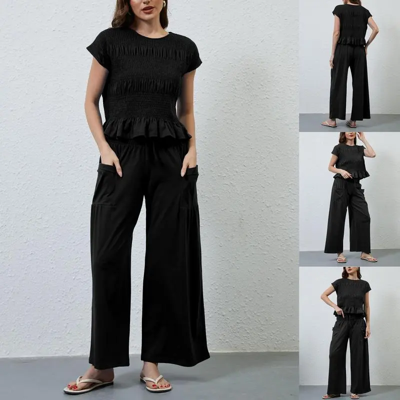 Womens 2 Piece Smocked Top Wide-Leg Pants Set