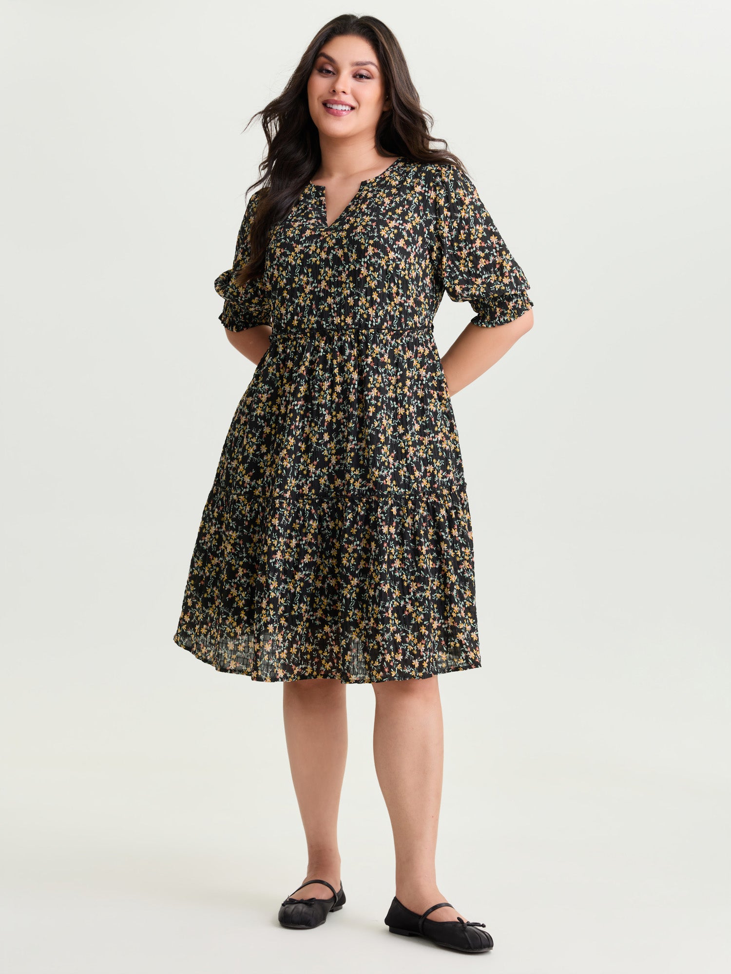 Micro Floral Print Shirred Cuff Mini Dress