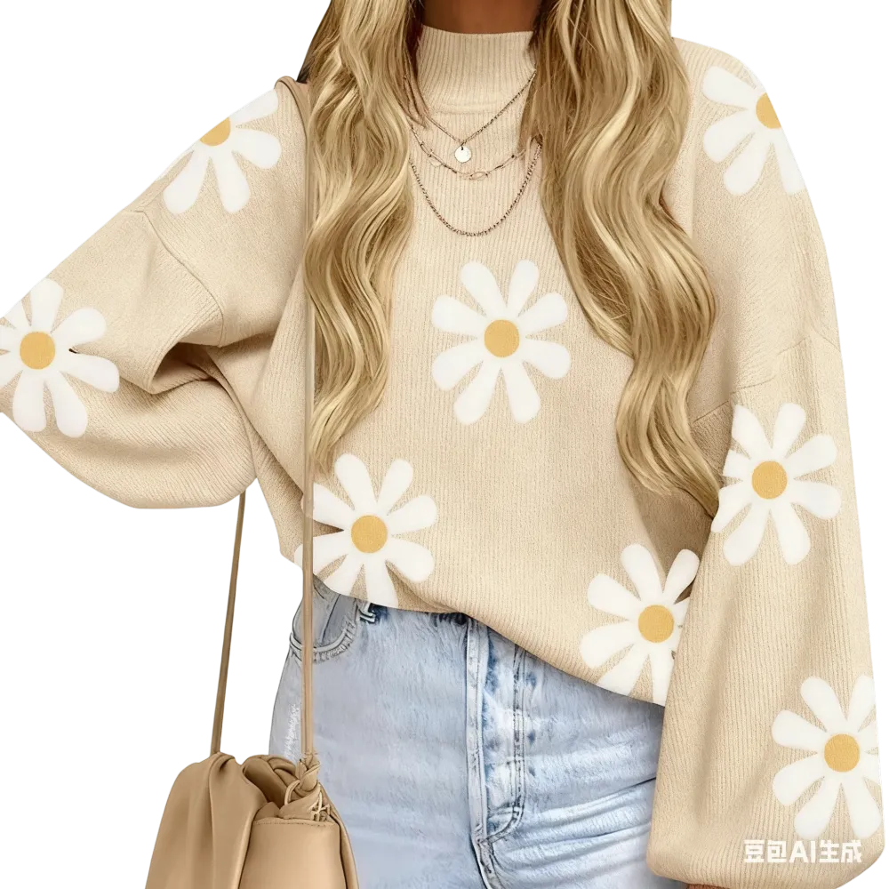 Women's high-neck long-sleeved loose lantern knit sweater