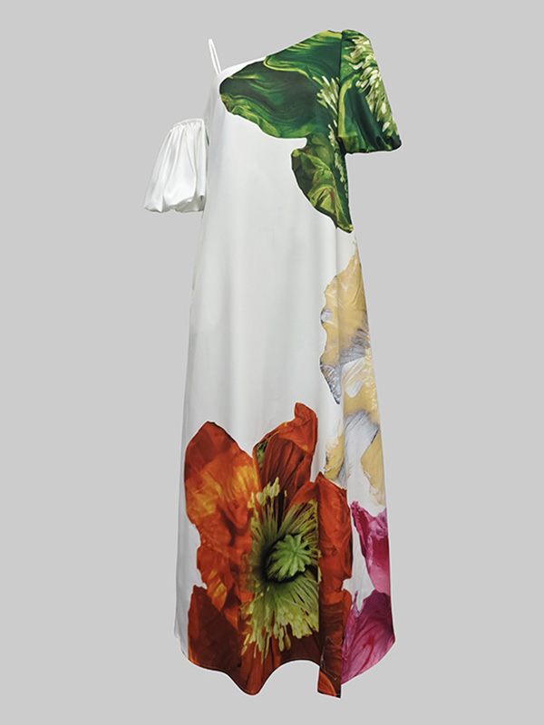 A-Line Loose Elasticity Flower Print One-Shoulder Maxi Dresses