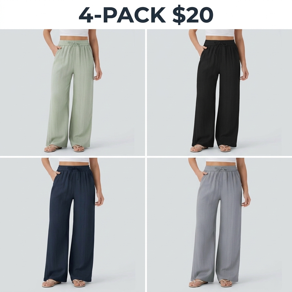 High Waisted Drawstring Pocket Wide Leg Casual Linen-Feel Pants