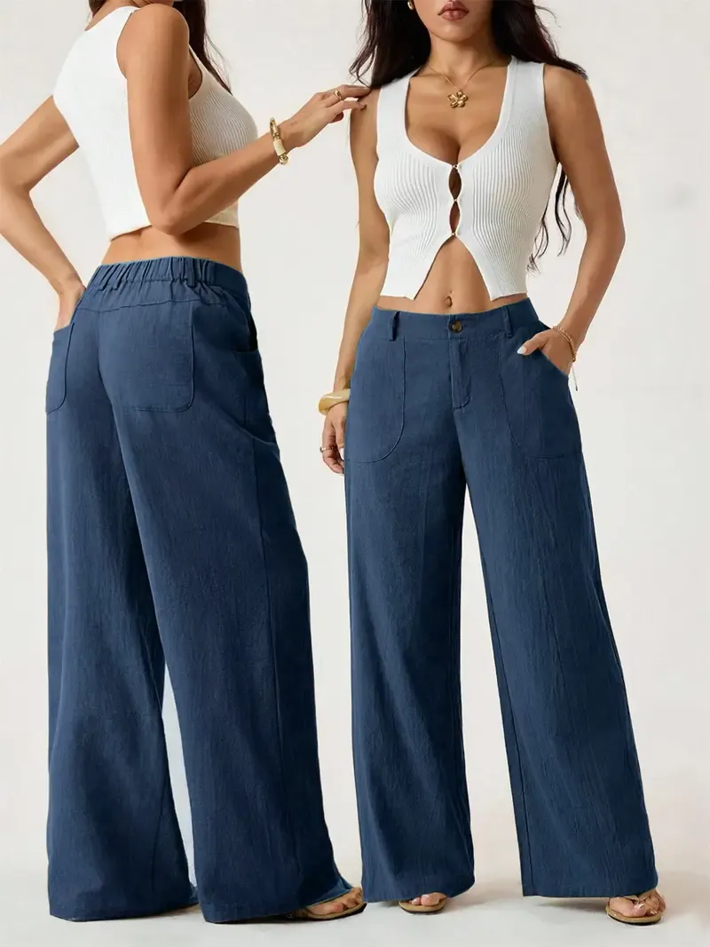 Women's Classic Linen Wide-Leg Pants — Flowy, Wide-Straight Beach Trousers for Summer (With Pockets)