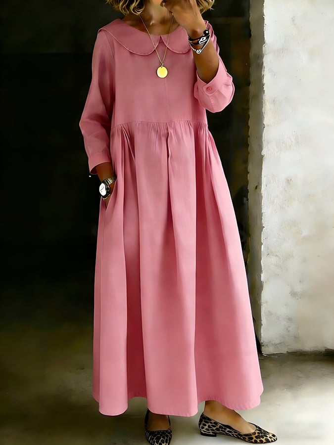 Women's Retro Solid Color Design Lapel Pocket Casual Dress- Fast Shipping