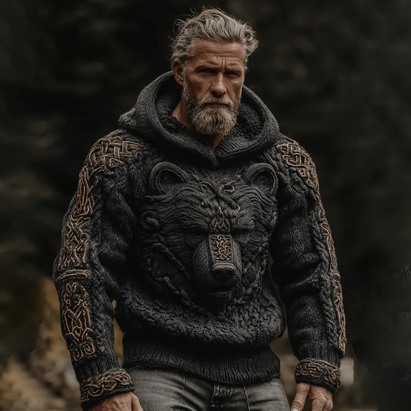 Men's Vintage Viking Bear Celtic Art Knit Hooded Sweater