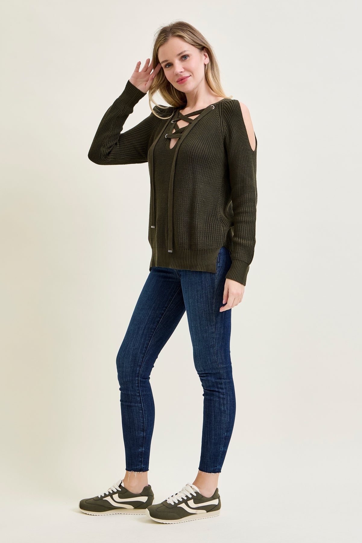V-Neck Lace-Up Cold Shoulder Green Sweater
