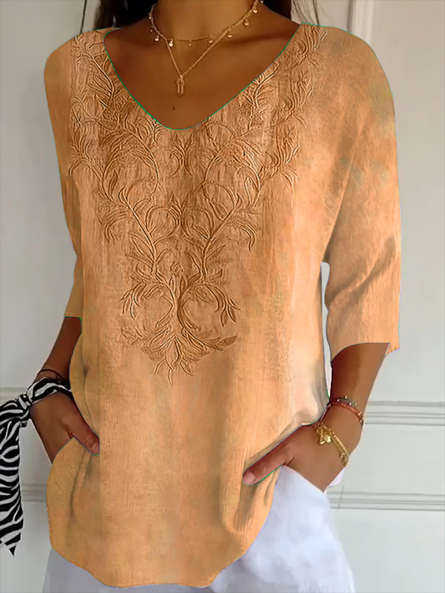 Women Casual Floral V neck Printing Daily Loose Three Quarter Sleeve T-shirts