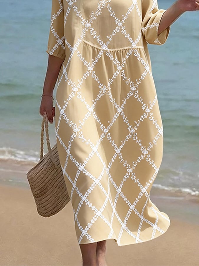 Women's Casual  Round Neck Mid Sleeve Print Cotton and Linen Dress- Fast Shipping