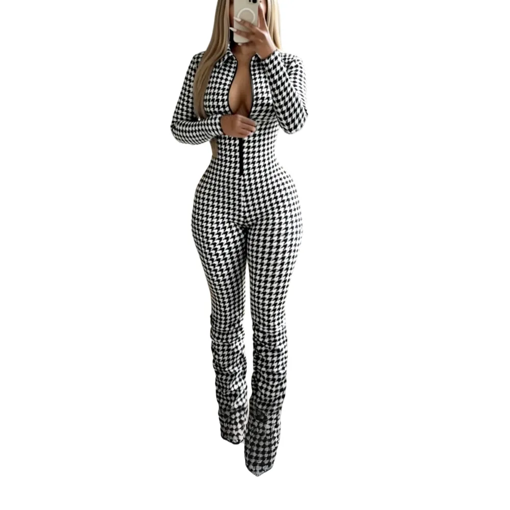 Women's timeless houndstooth jumpsuit with zipper closure