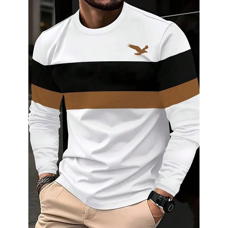 A new autumn and spring color-blocked business style men's casual printed long-sleeved T-shirt top