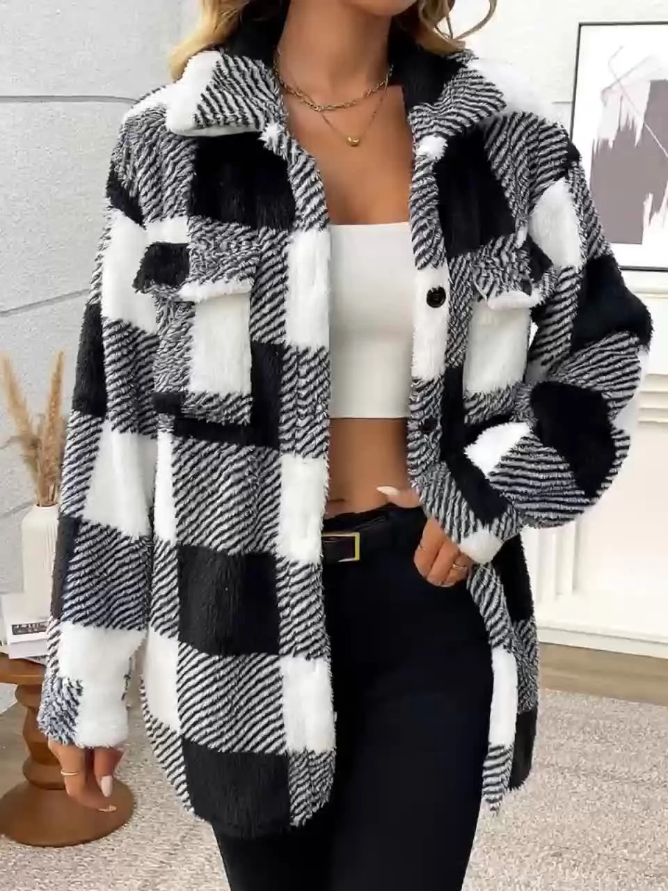 Women's Plaid Print Button Front Fuzzy Coat