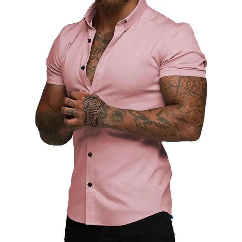 Mens Muscle Fit Dress Shirts Casual Button Down Shirt Short Sleeve Wrinkle-Free Shirts