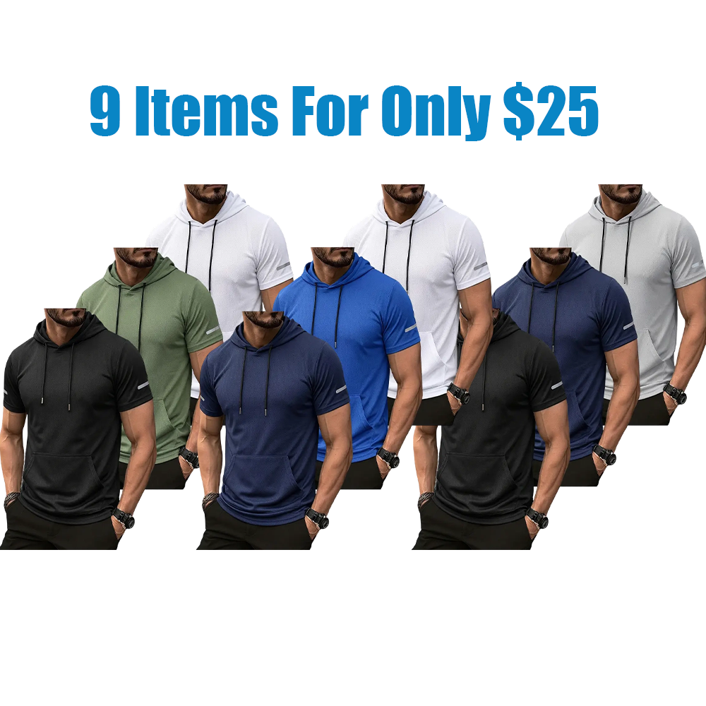 9-Pack Men’s lightweight outdoor hooded T-shirt in smooth mesh fabric—practical for morning runs and hiking