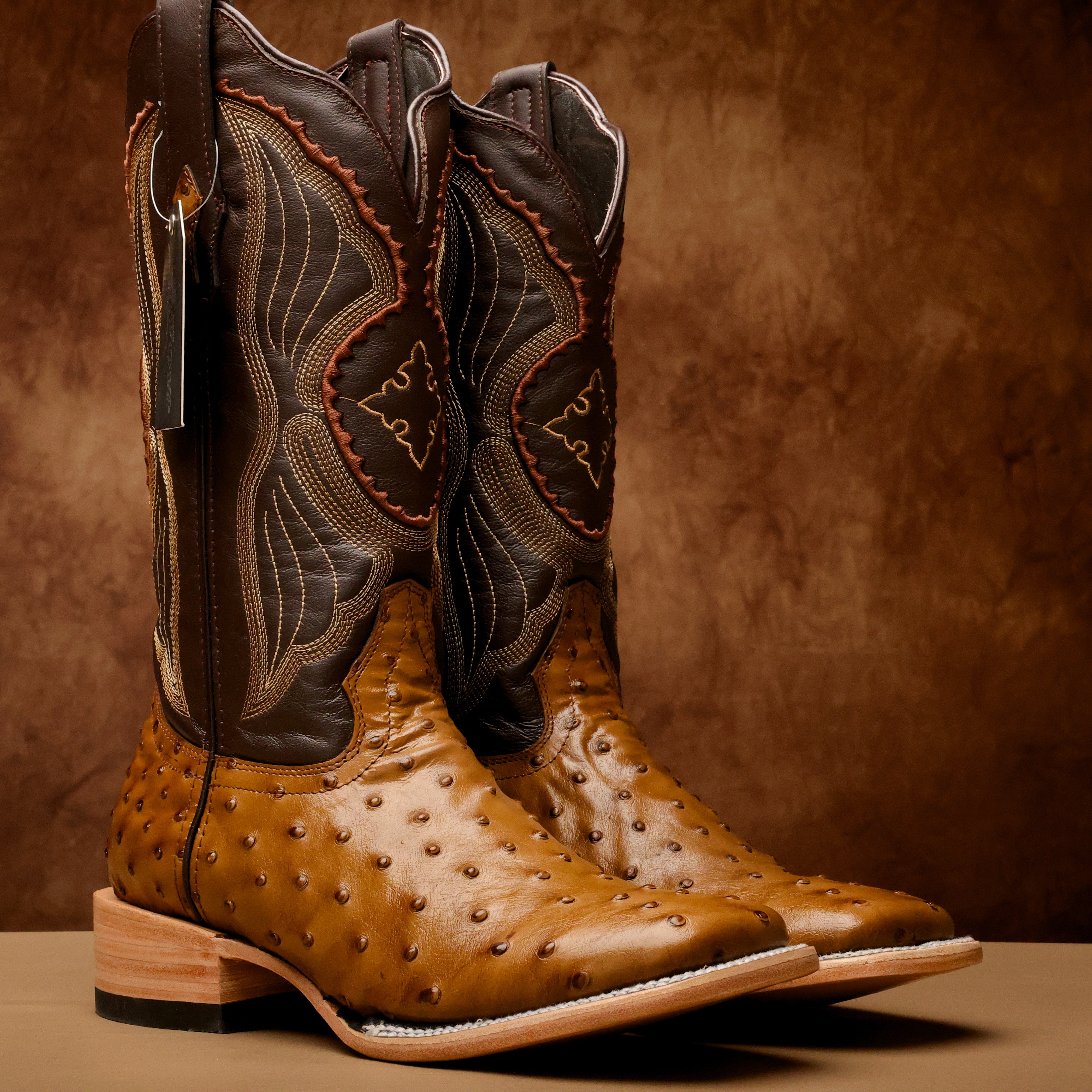 Honey Ostrich Leather Boots - Square Toe