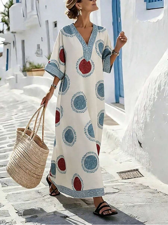 Women's Casual V-neck Loose Printed Vacation Dress- Fast Shipping