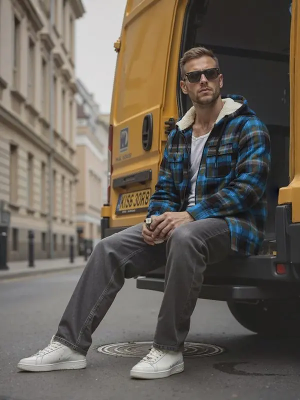 Men's thickened plaid fleece hooded jacket, warm winter jacket with sherpa lining and full zipper closure