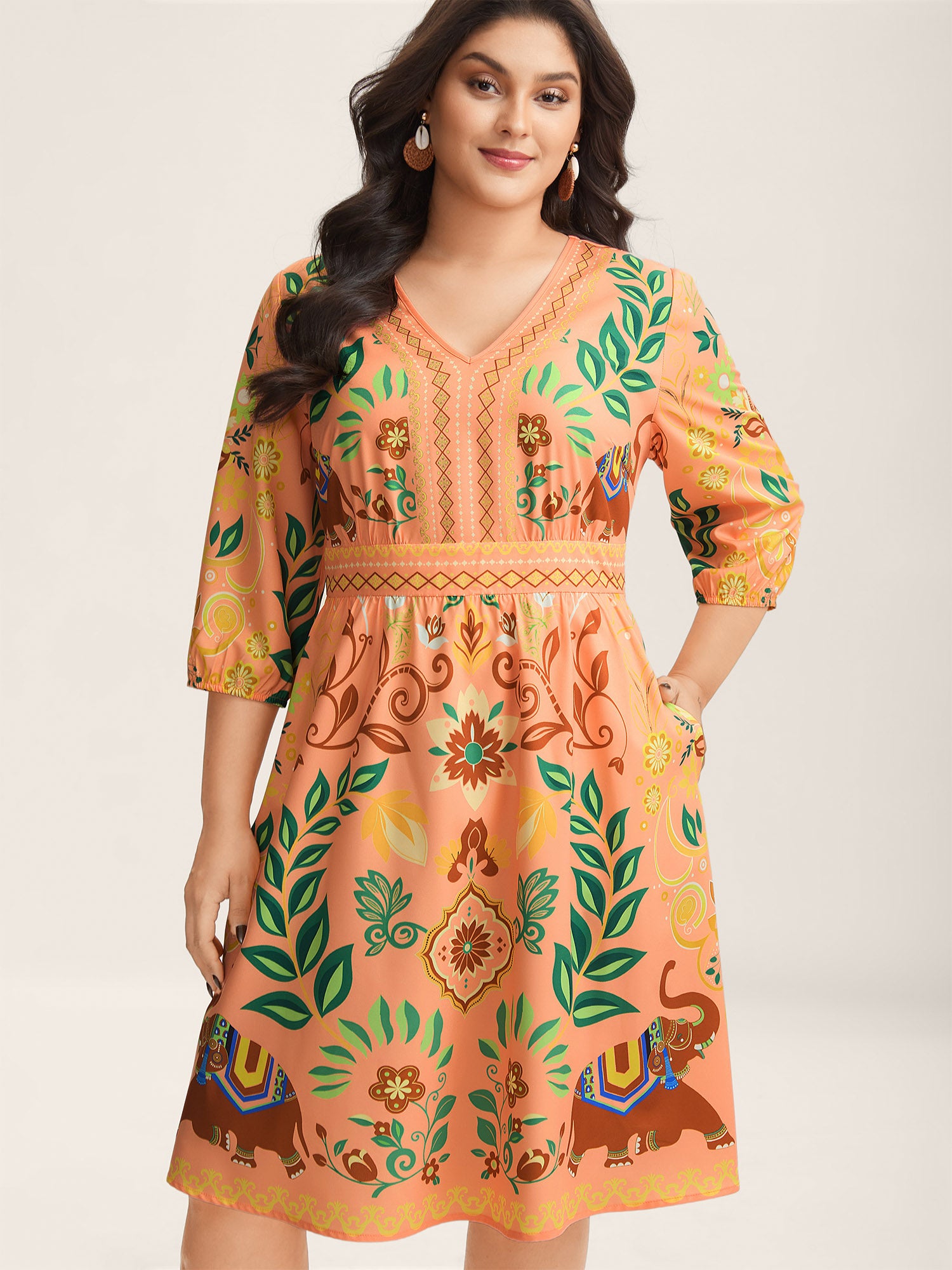 Boho Print V-Neck Pockets Mini Dress