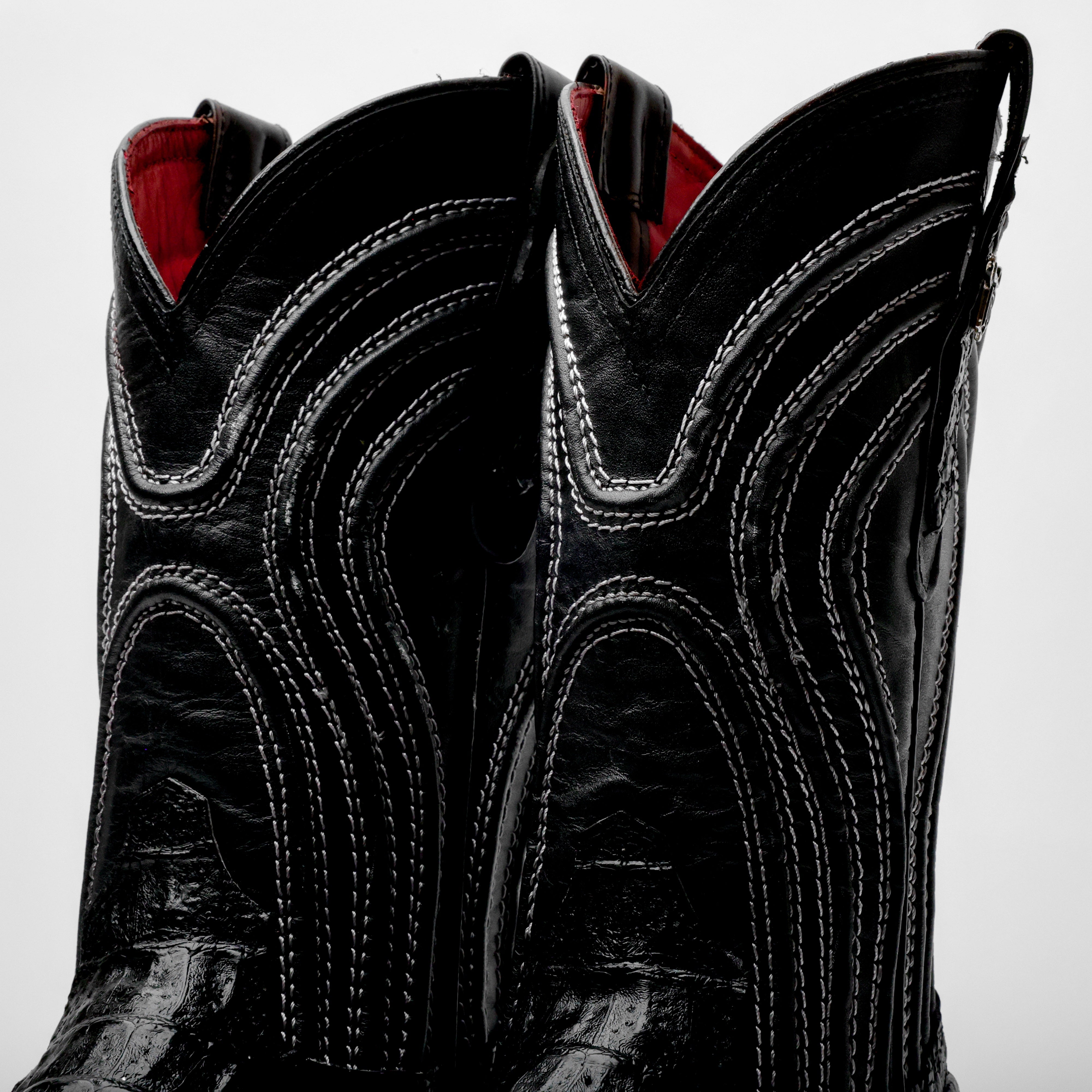 Black Caiman Neck Leather Boots - Square Toe