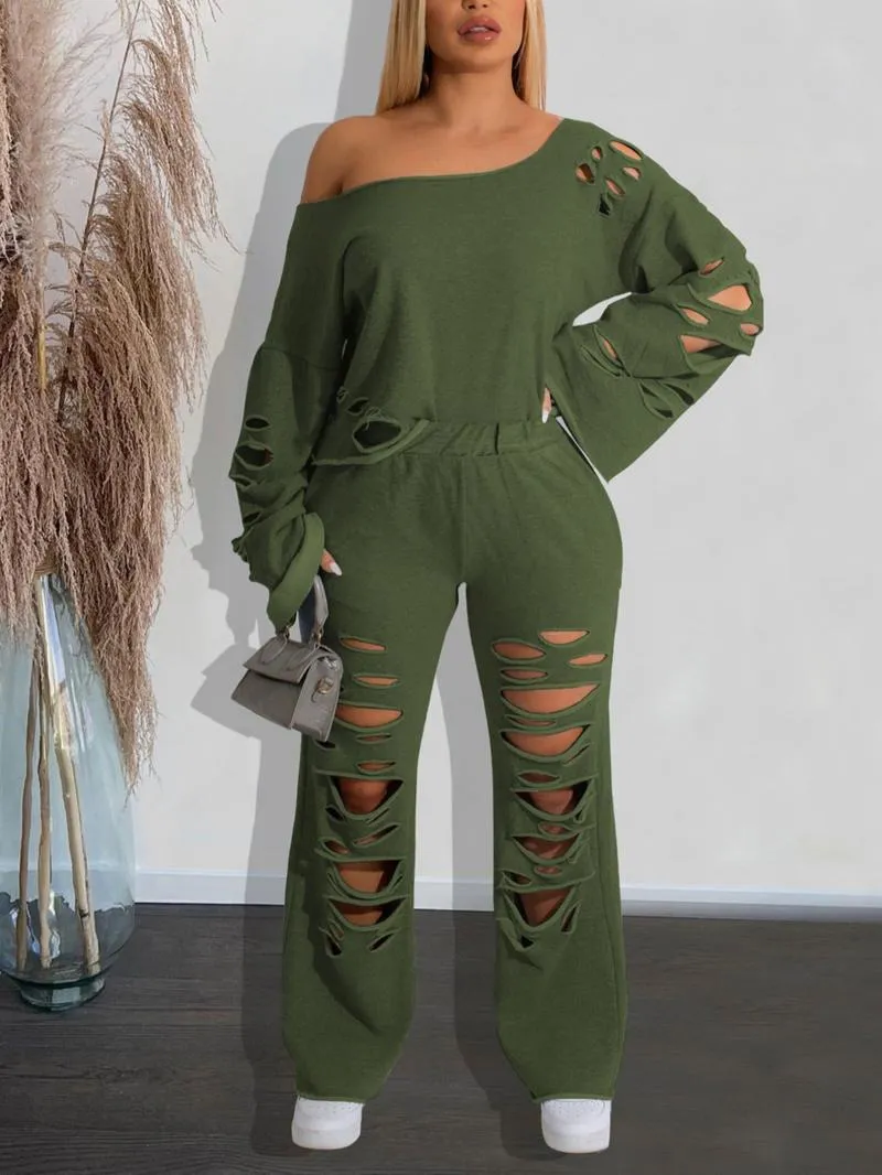 Women's Ripped Asymmetrical Neck Pullover & Wide Leg Pants Set