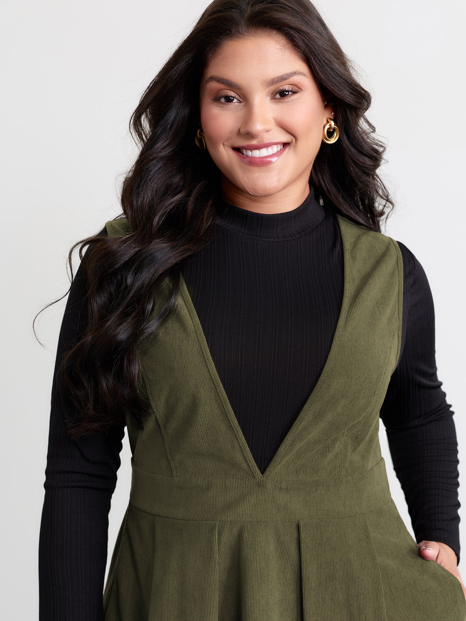 Corduroy Stretchy Waist V-Neck Mini Dress