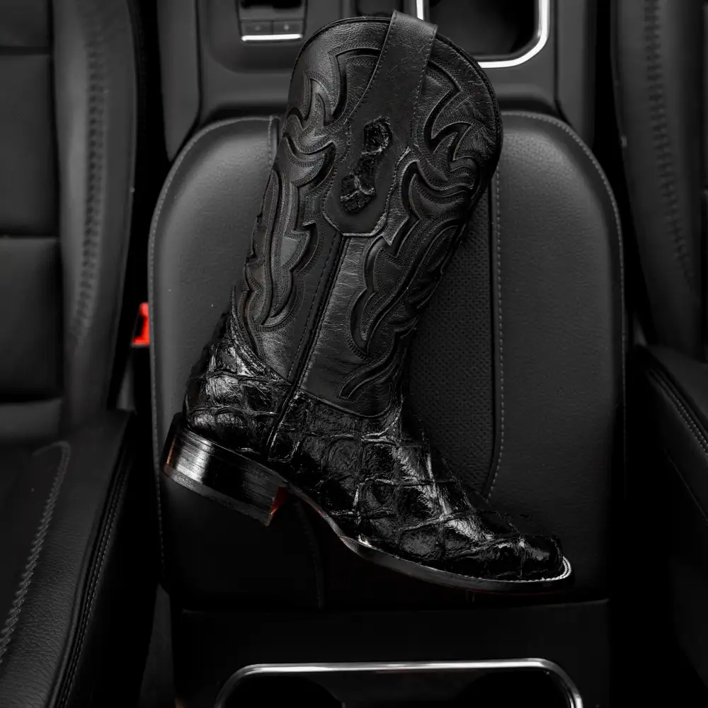 Total Black Pirarucu Leather Boots - Square Toe