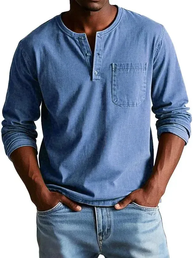 💫Clearance Sale🔥 - Men's Fashion Vintage Distressed Pocket Long Sleeve Henley Shirt