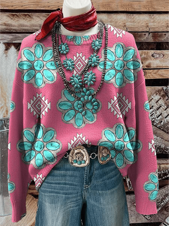 Women's Vintage Aztec Print Knitted Pullover