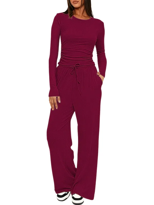 Women's Solid Ruched Drawstring Loungewear Set
