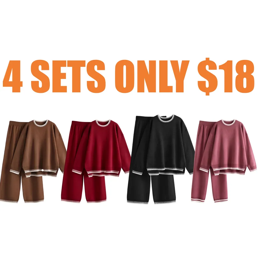 Chic Crew Neck Sweater & High Waist Loose Pants Casual Outfit