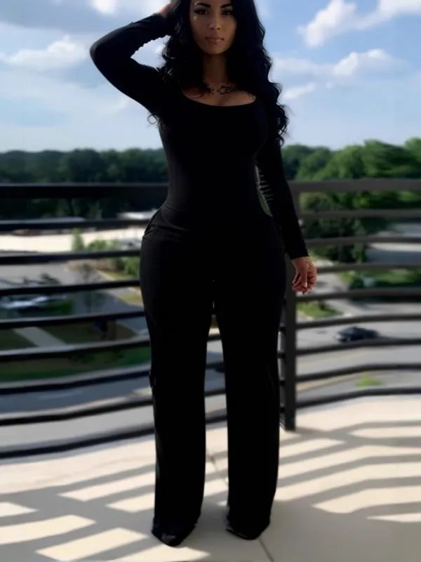 Women's Sexy Plain Long Sleeve Jumpsuit, Fall & Winter Fashion