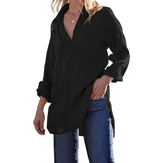 Womens Cotton Linen Tunic Shirts Button Down Long Sleeve Blouse Tops Beach Cover Up