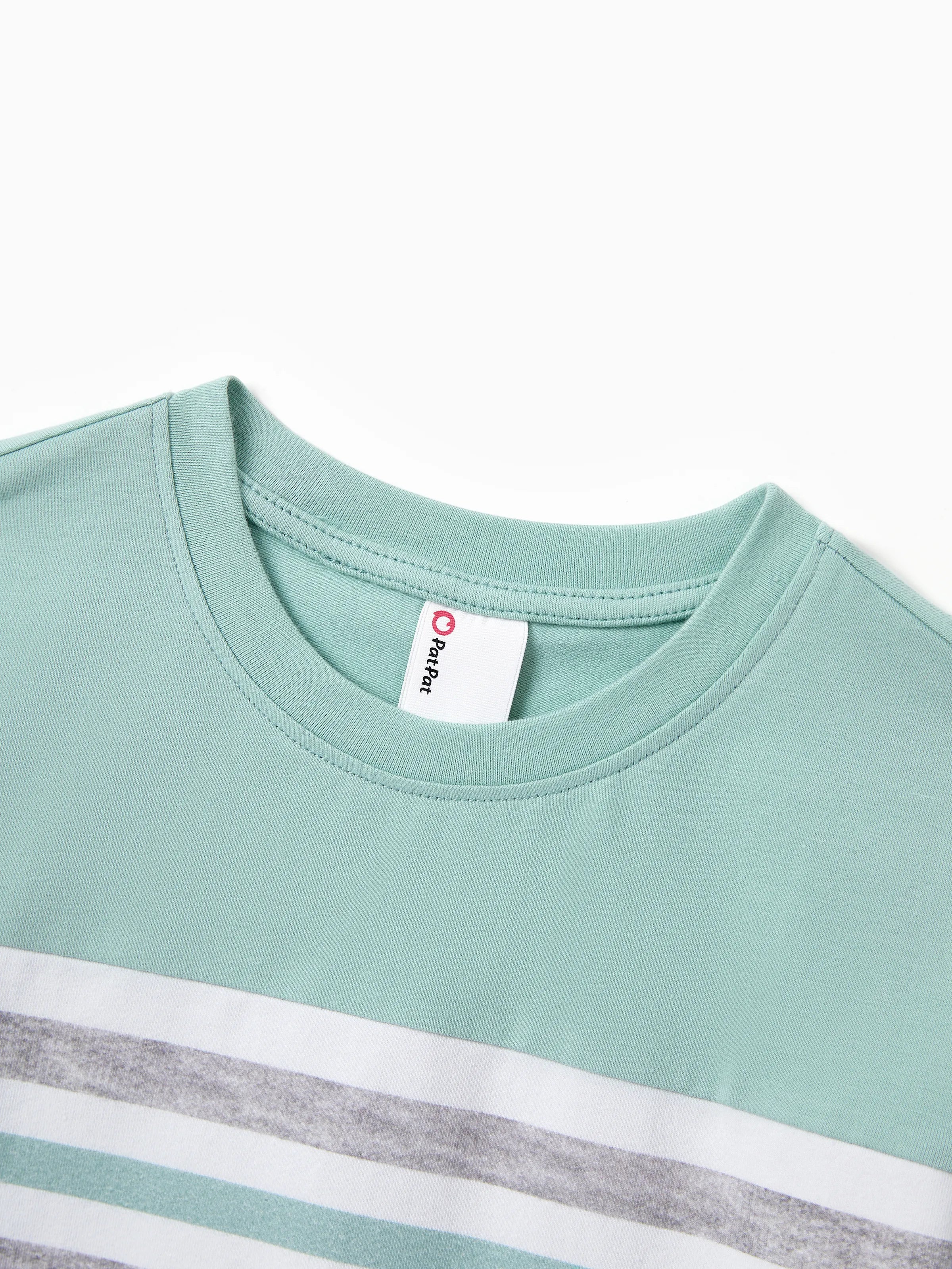 Family Matching T-Shirt & Dress Set Polka Dot Puff-sleeve Dress for Mom, Daughter & Baby, Color Block Cotton Tee for Dad & Son, Perfect for Family Outings & Photos Light Green