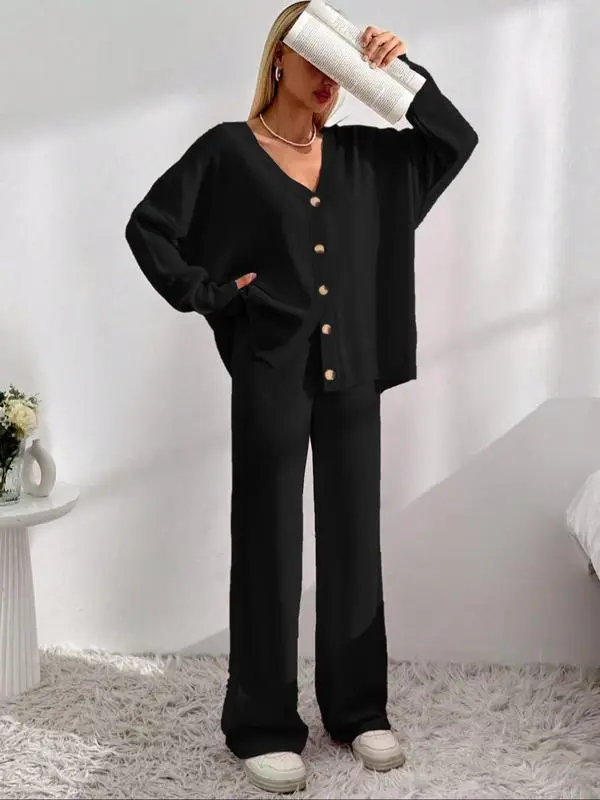 Women's  V Neck Cardigan & Elastic Waist Wide Leg Pants Two-piece Set
