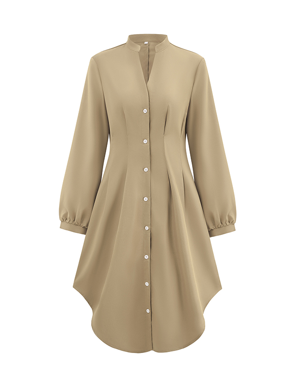 Buttoned No Belt Pleated Solid Color Long Sleeves Loose V-neck Shirt Dress Midi Dresses
