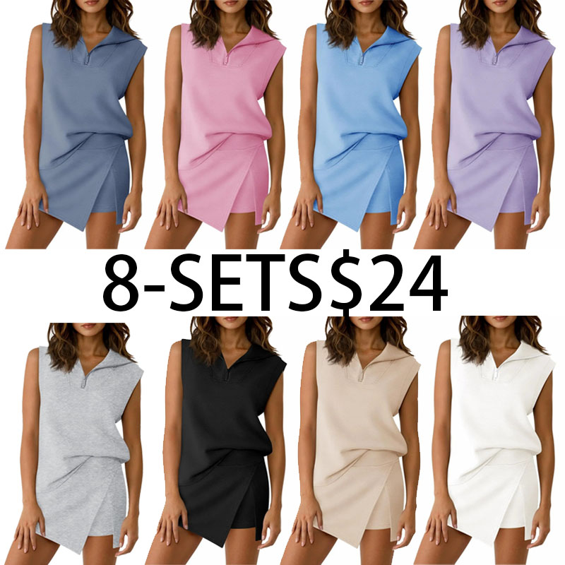 Women's 2-Piece Skirt Set – Sleeveless Half-Zip Sweatshirt & Athletic Skorts