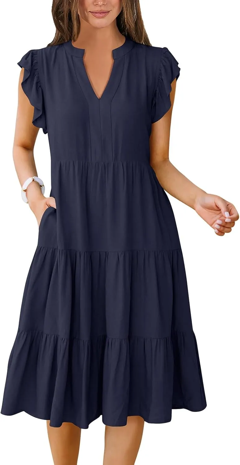 Women's Ruffle Sleeve V-Neck Tiered Midi Dress