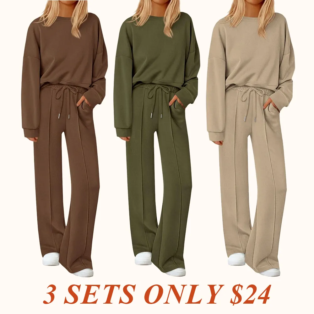 2 Piece Sets For Women Fall Trendy Long Sleeve Sweatshirt Wide Leg Pants Loungewear