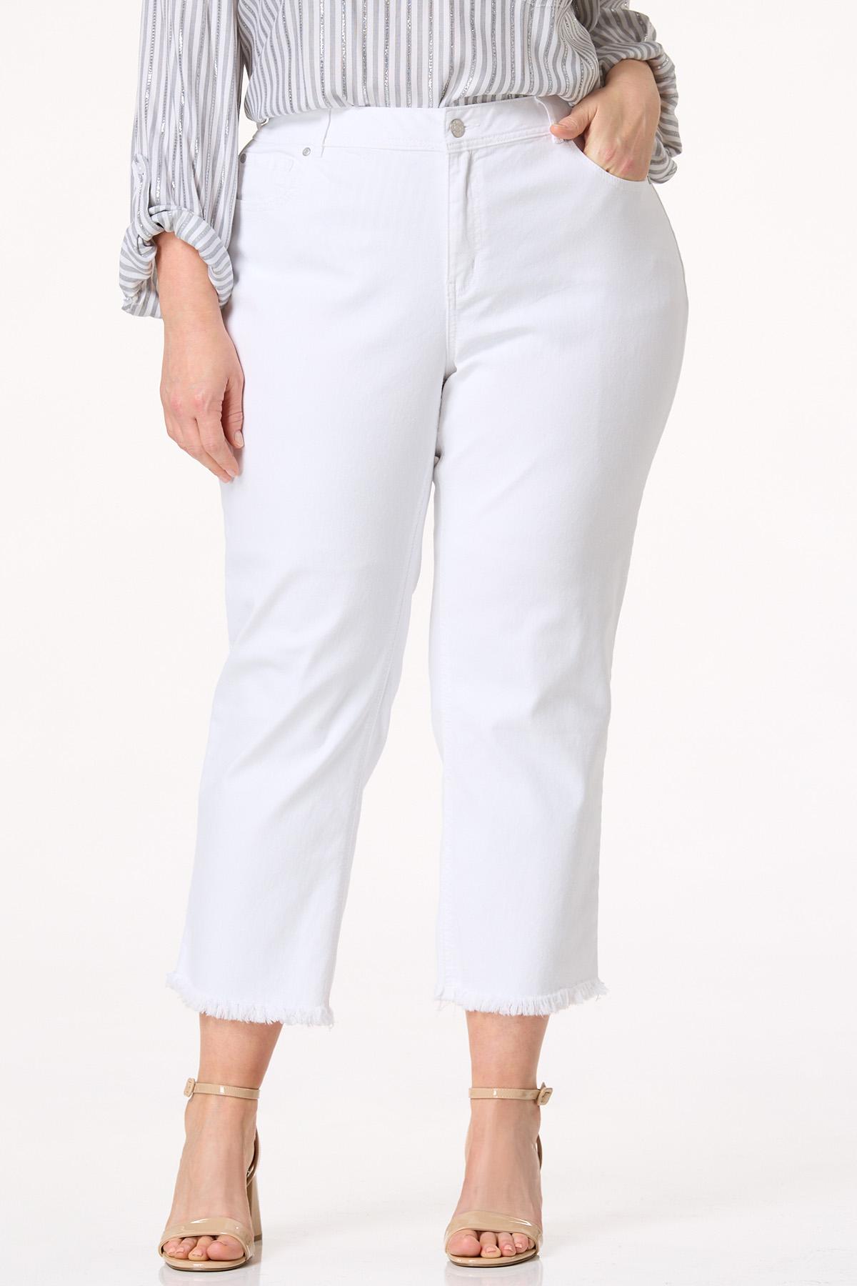 Plus Size Cropped Frayed White Jeans
