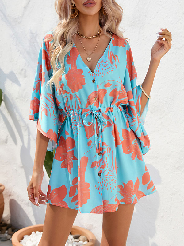 Buttoned Drawstring Flower Print A-Line Half Sleeves V-Neck Mini Dresses