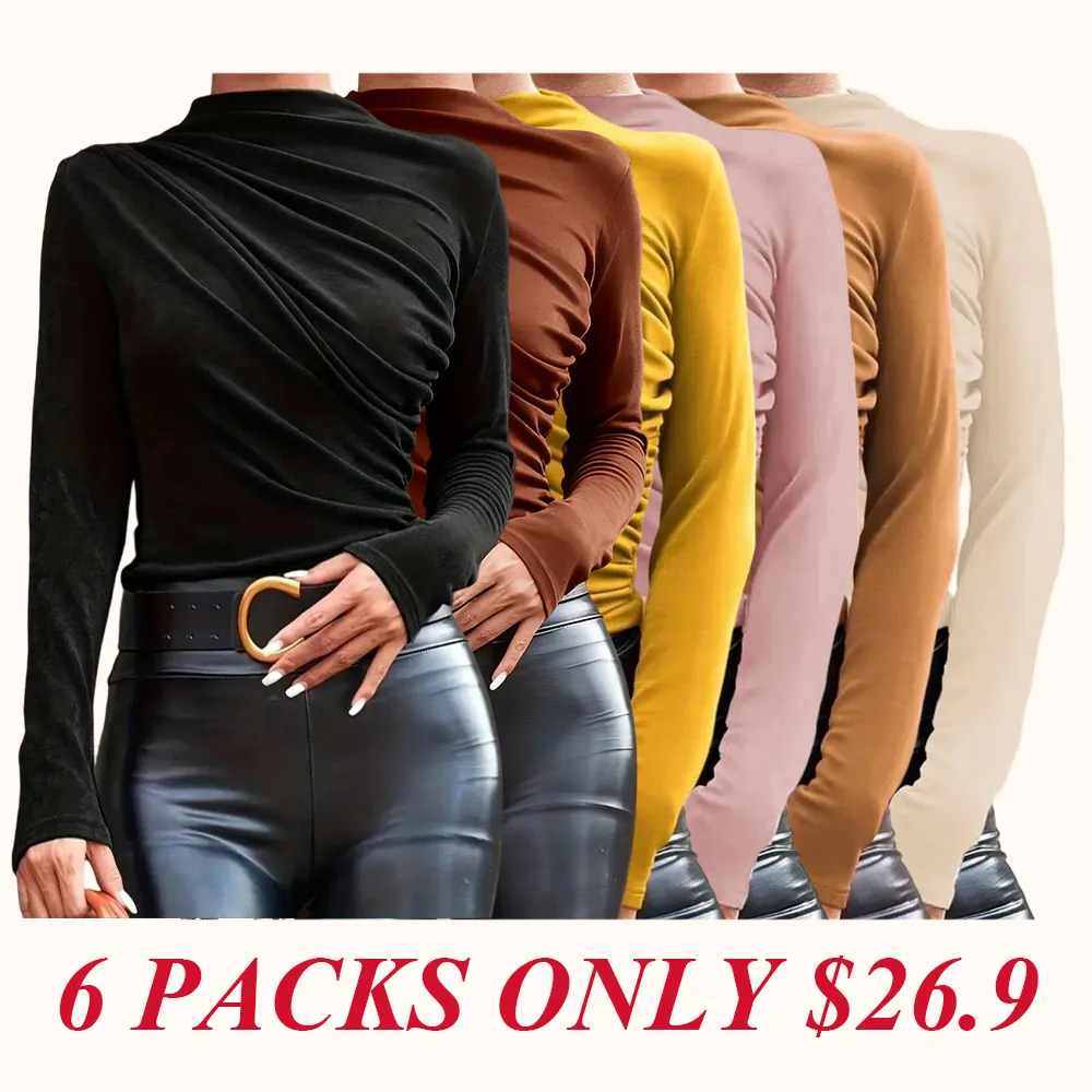 Women's solid color pleated turtleneck T-shirt