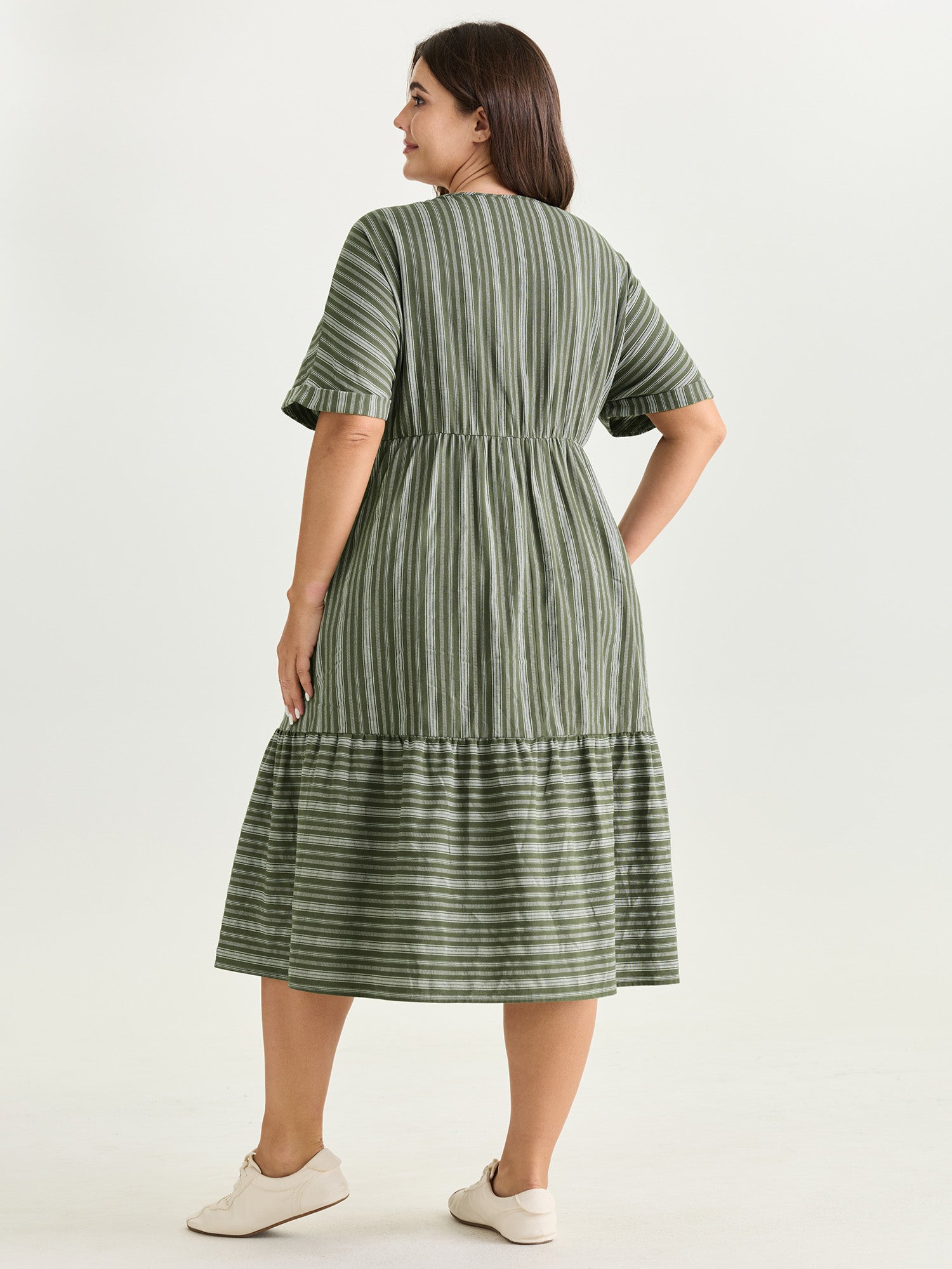 Striped Print V-Neck Midi Dress