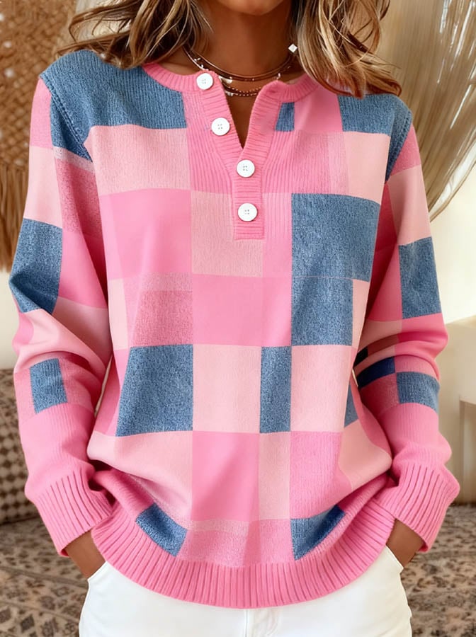 Women'S Casual Button-Down Collar Printed Knitted Top