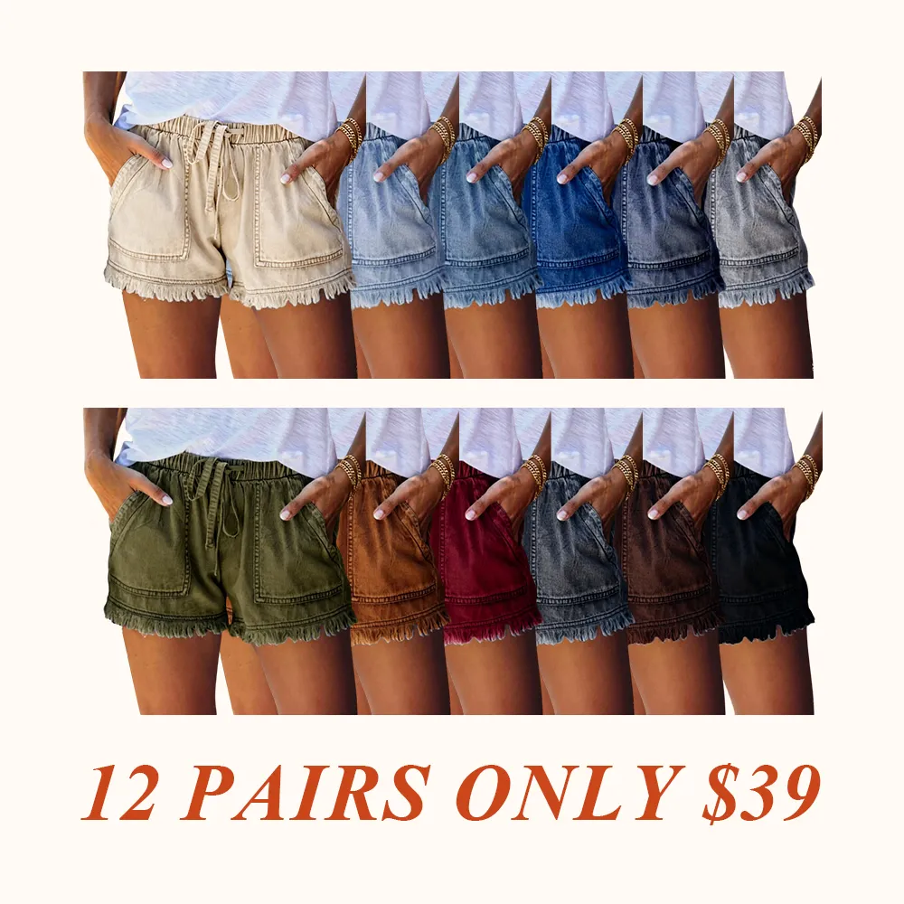 Women's Plain Drawstring Waist Denim Shorts, Casual Fashion Pocket Shorts for Daily Wear