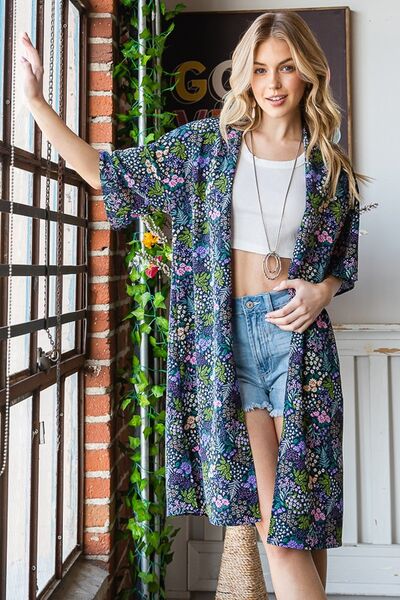 Full Size Half Sleeve Floral Open Cardigan Plus Size