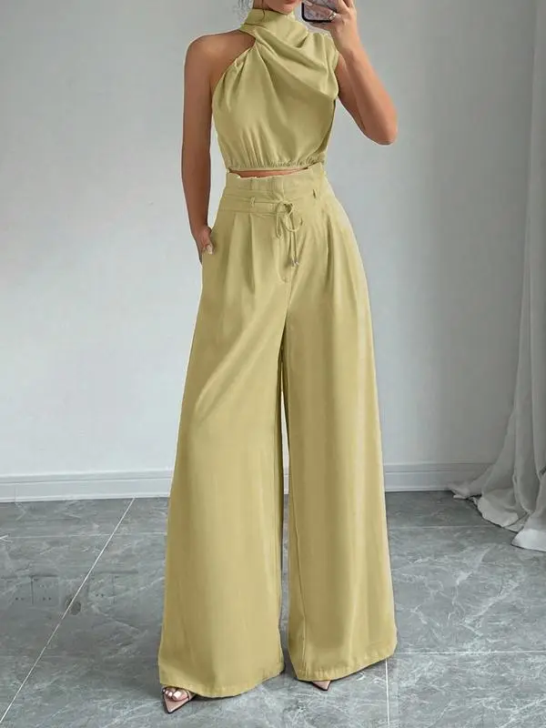 Women's Solid Color Crop Tank Top & Wide Leg Pants Two-piece Set