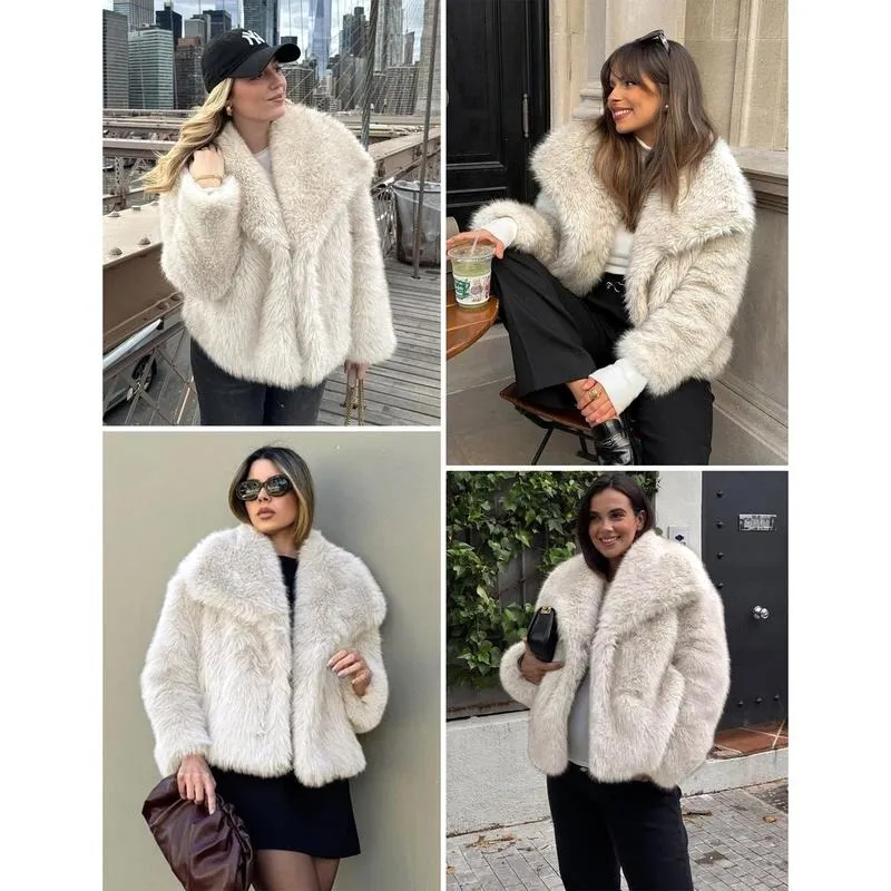 Women's Brown Faux Fur Coat Winter Fluffy Short Jacket