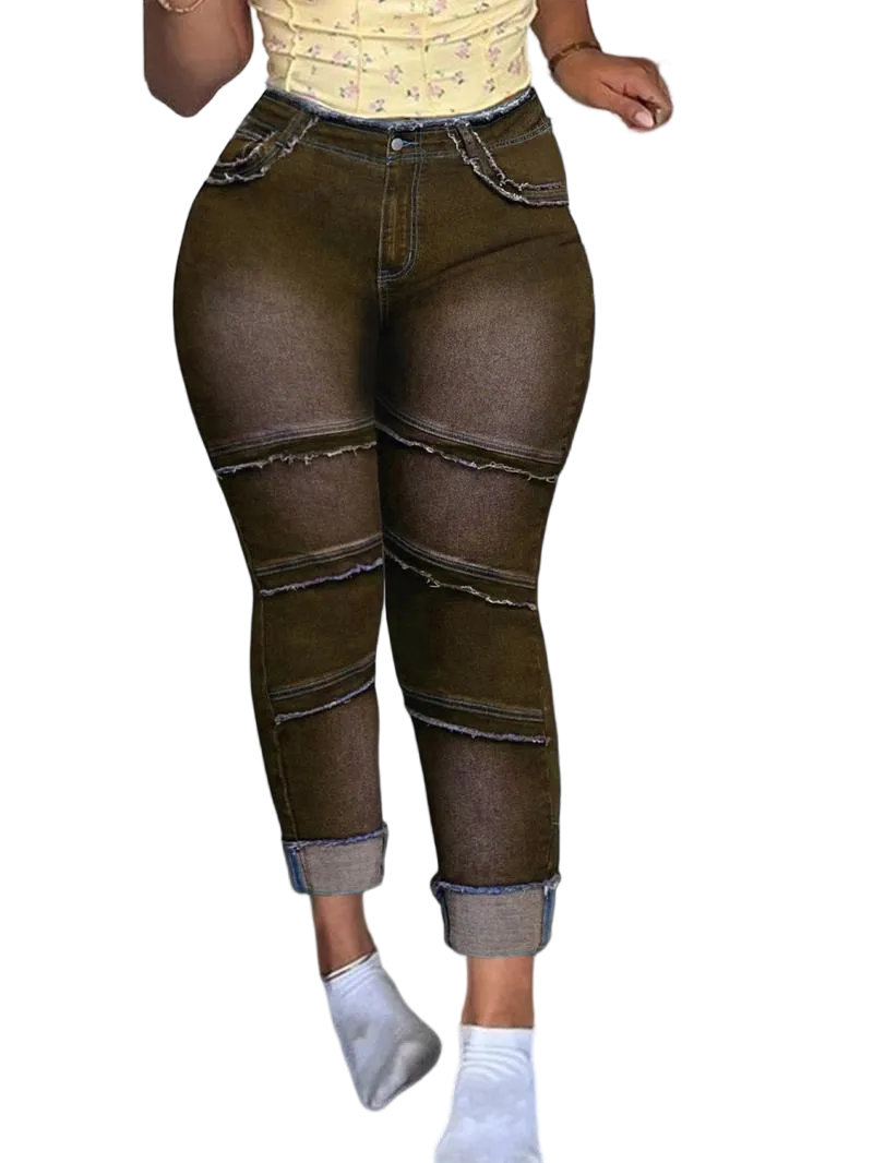 Raw Hem High-Waisted Denim Jeans with Pockets