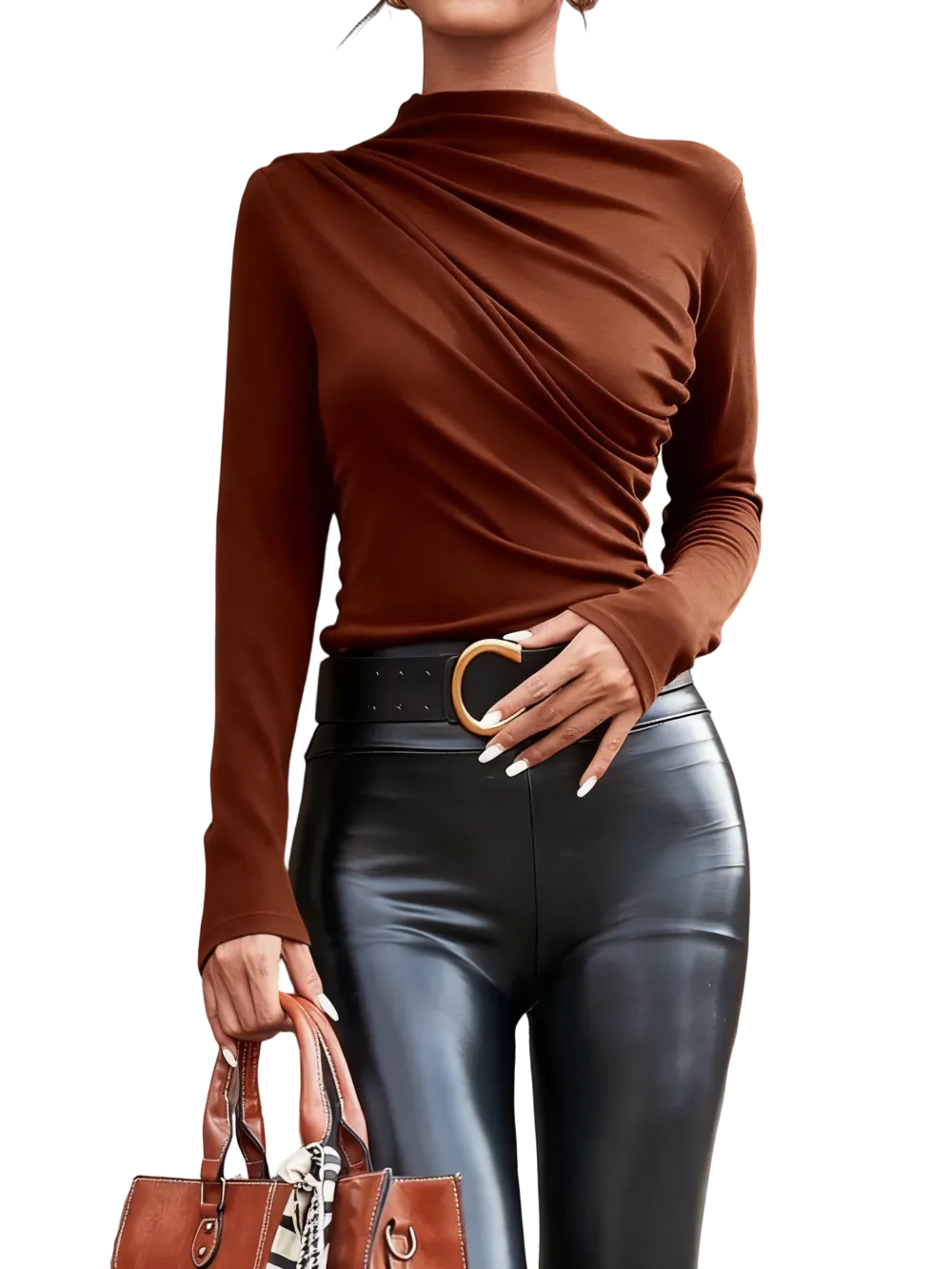 Women's solid color pleated turtleneck T-shirt